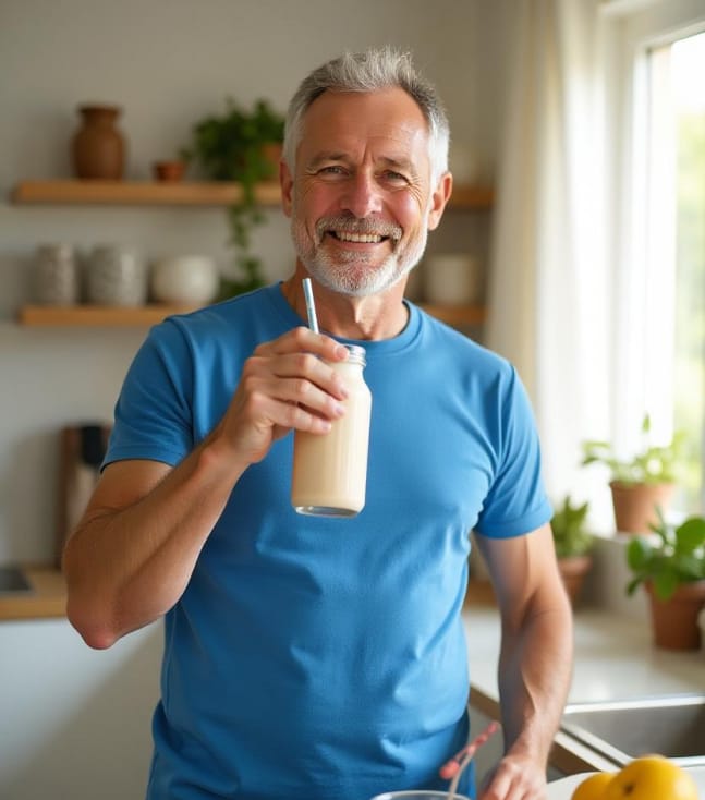 Senhor alegre tomando shake em sua cozinha